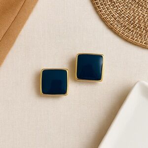 Vintage 80s M.Jent Gold & Navy Enamel Square Fashion Clip-On Earrings